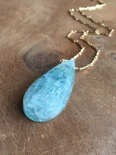 Large Statement Aquamarine Necklace Gold Fill March Birthstone