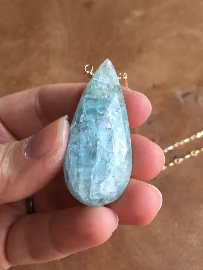 Large Statement Aquamarine Necklace Gold Fill March Birthstone