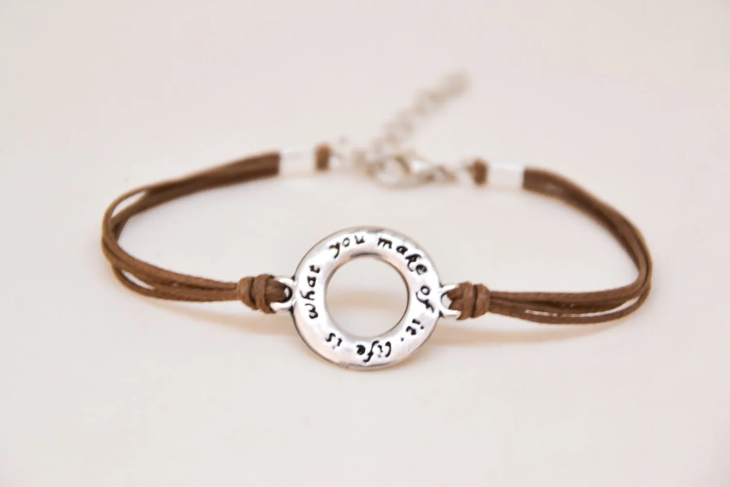 Life is what you make of it' charm bracelet, brown cord, silver circle