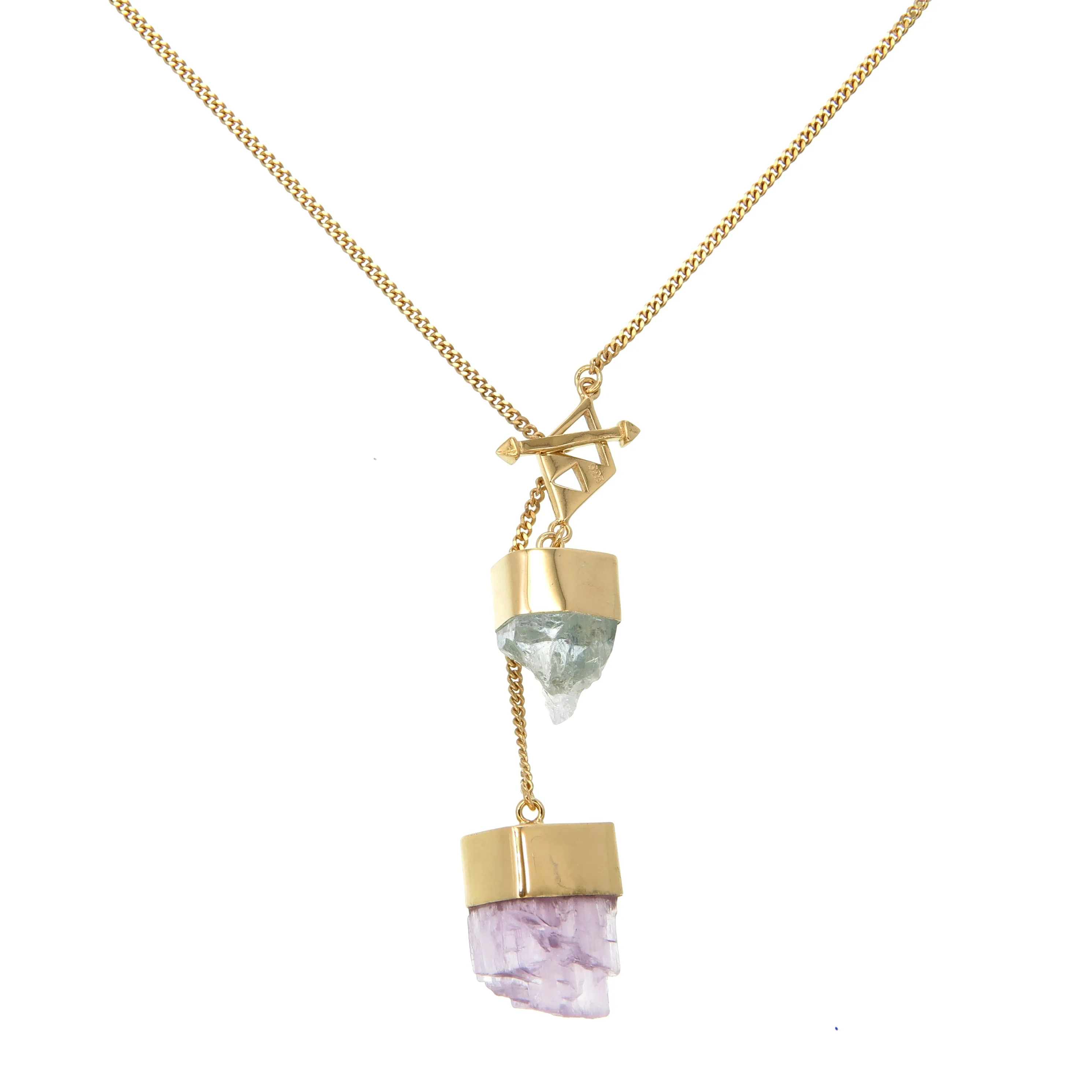 MEDIUM CRYSTAL NECKLACE WITH AQUAMARINE & KUNZITE CRYSTALS - GOLD