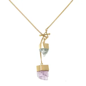 MEDIUM CRYSTAL NECKLACE WITH AQUAMARINE & KUNZITE CRYSTALS - GOLD