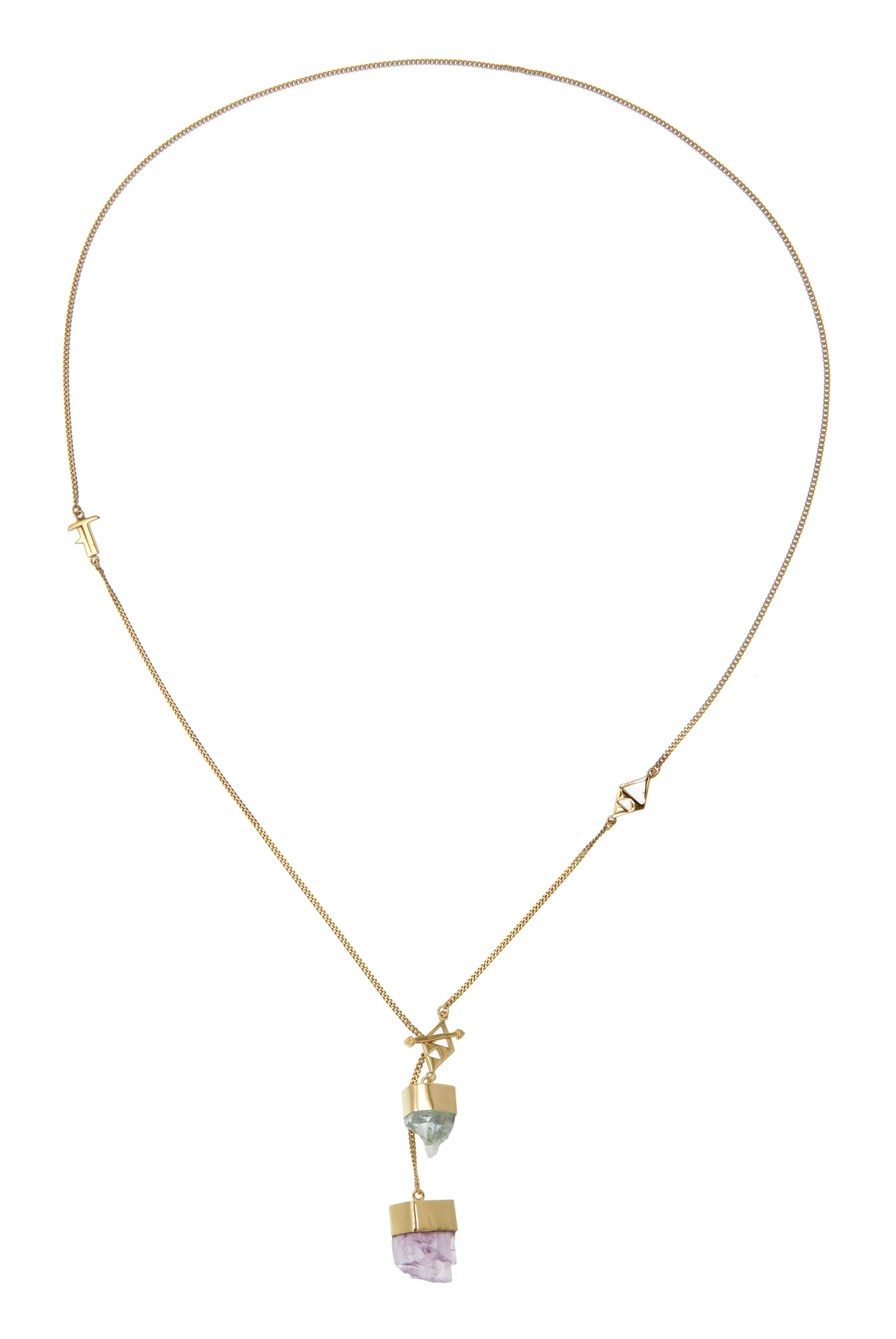 MEDIUM CRYSTAL NECKLACE WITH AQUAMARINE & KUNZITE CRYSTALS - GOLD