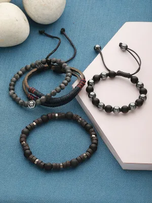 Men Pack Of 4 Blue & Black-Coloured Leather & Beads Wraparound Bracelet