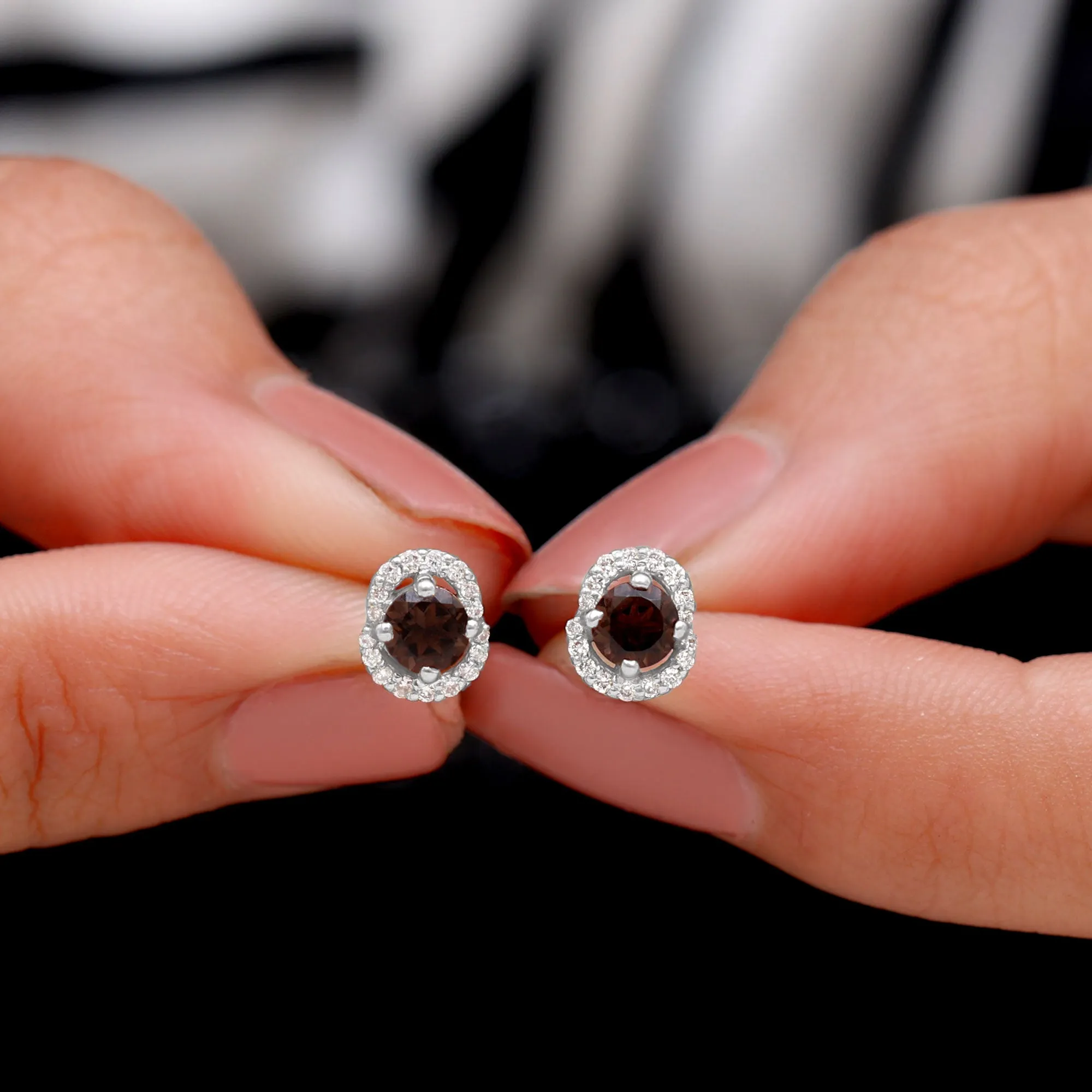 Minimal Smoky Quartz and Diamond Stud Earrings