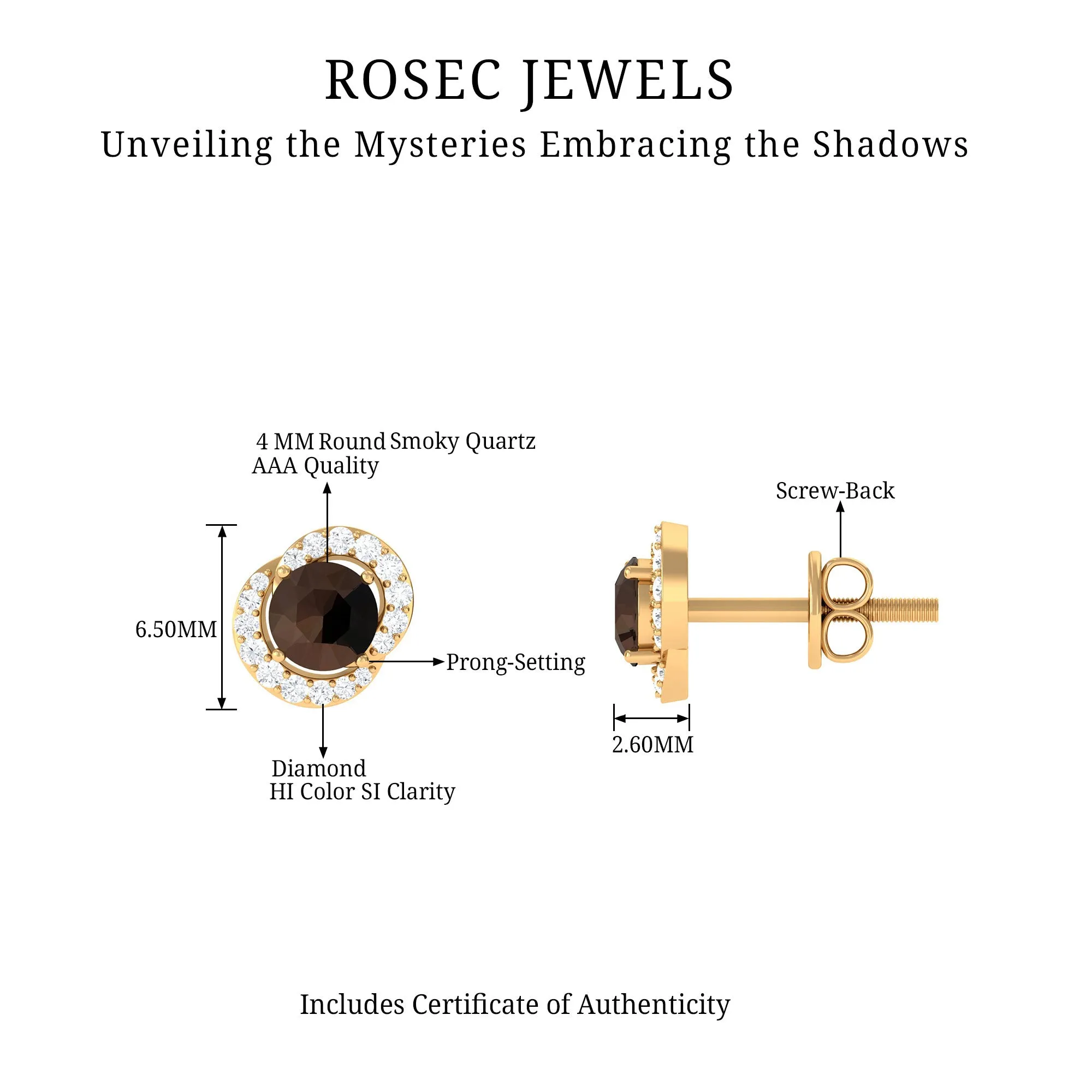 Minimal Smoky Quartz and Diamond Stud Earrings