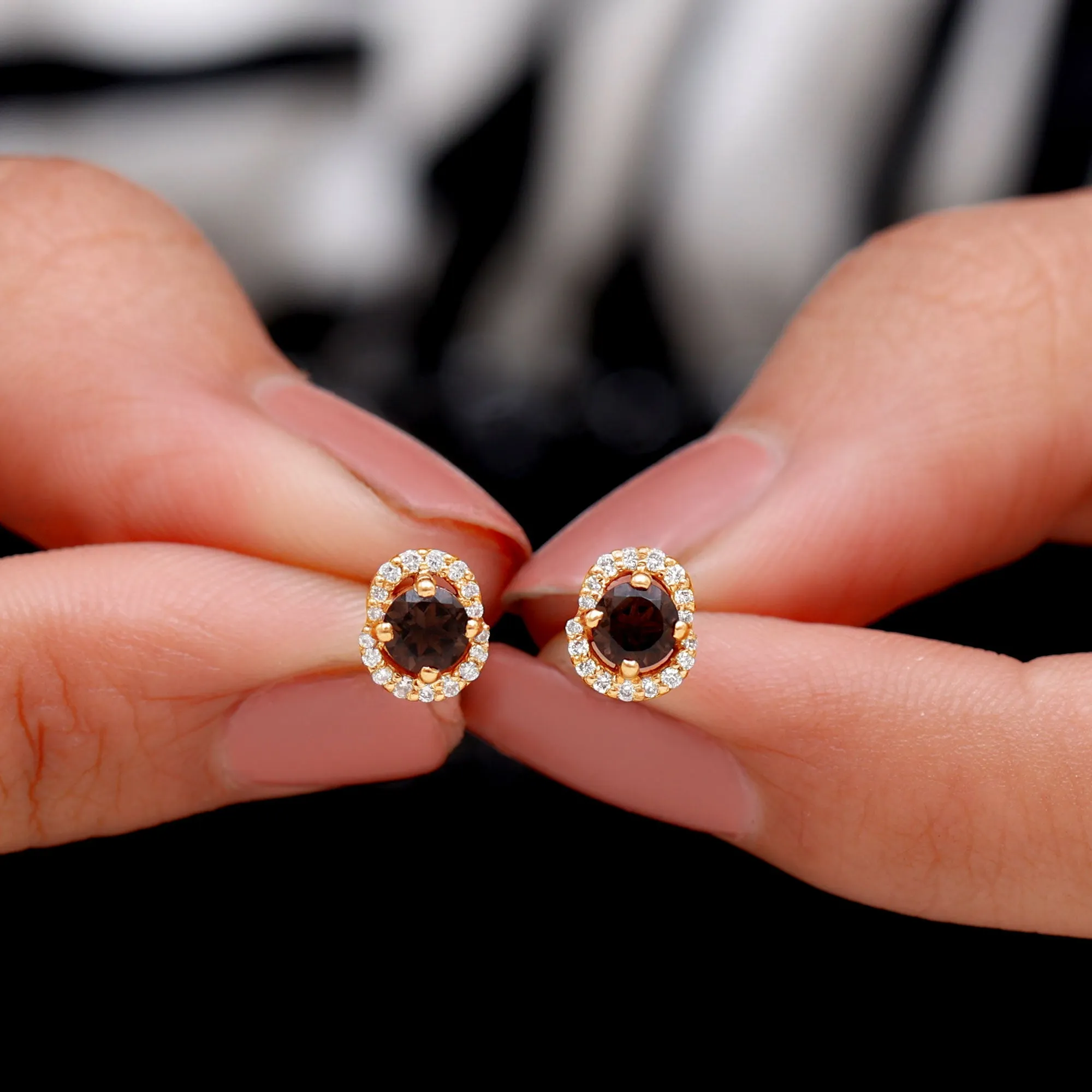 Minimal Smoky Quartz and Diamond Stud Earrings