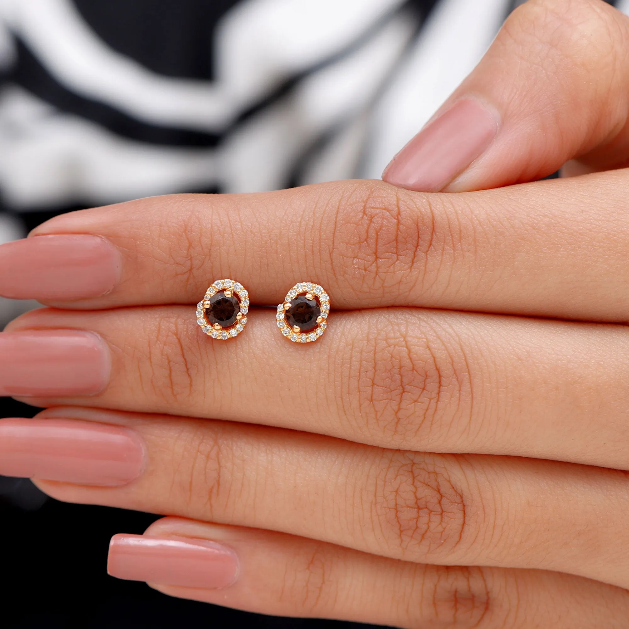 Minimal Smoky Quartz and Diamond Stud Earrings