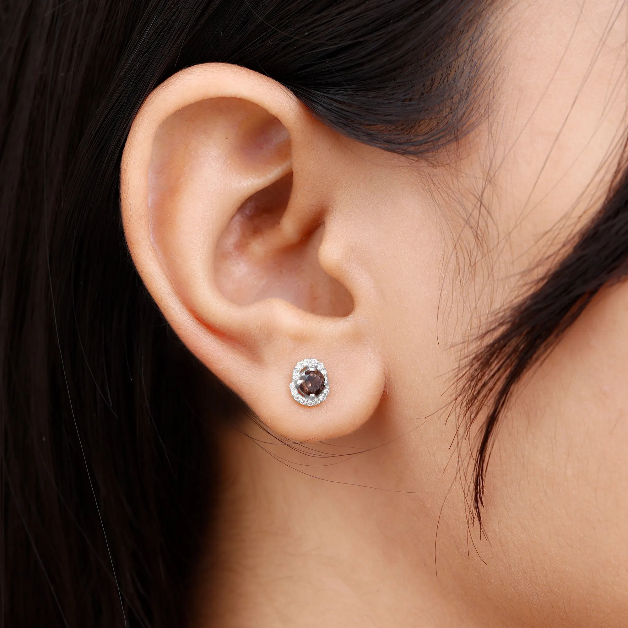 Minimal Smoky Quartz and Diamond Stud Earrings