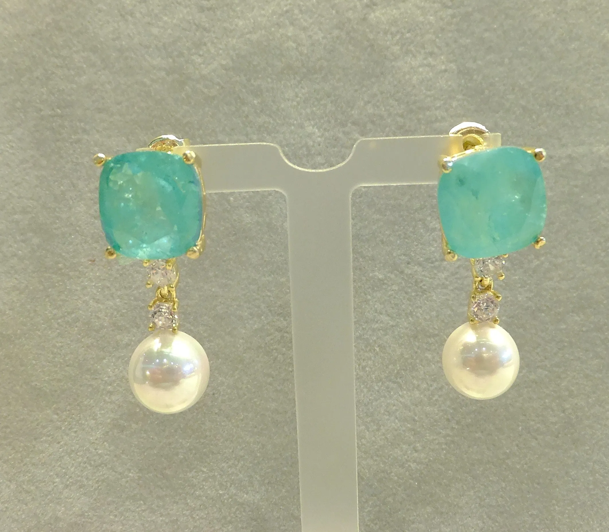 Mint Green Paraiba Tourmaline and Pearl Earrings