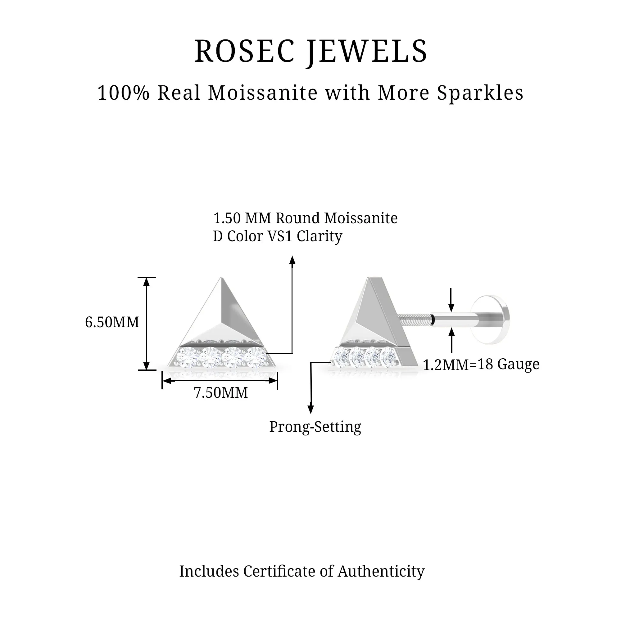 Moissanite Gold Triangle Earring for Cartilage Piercing
