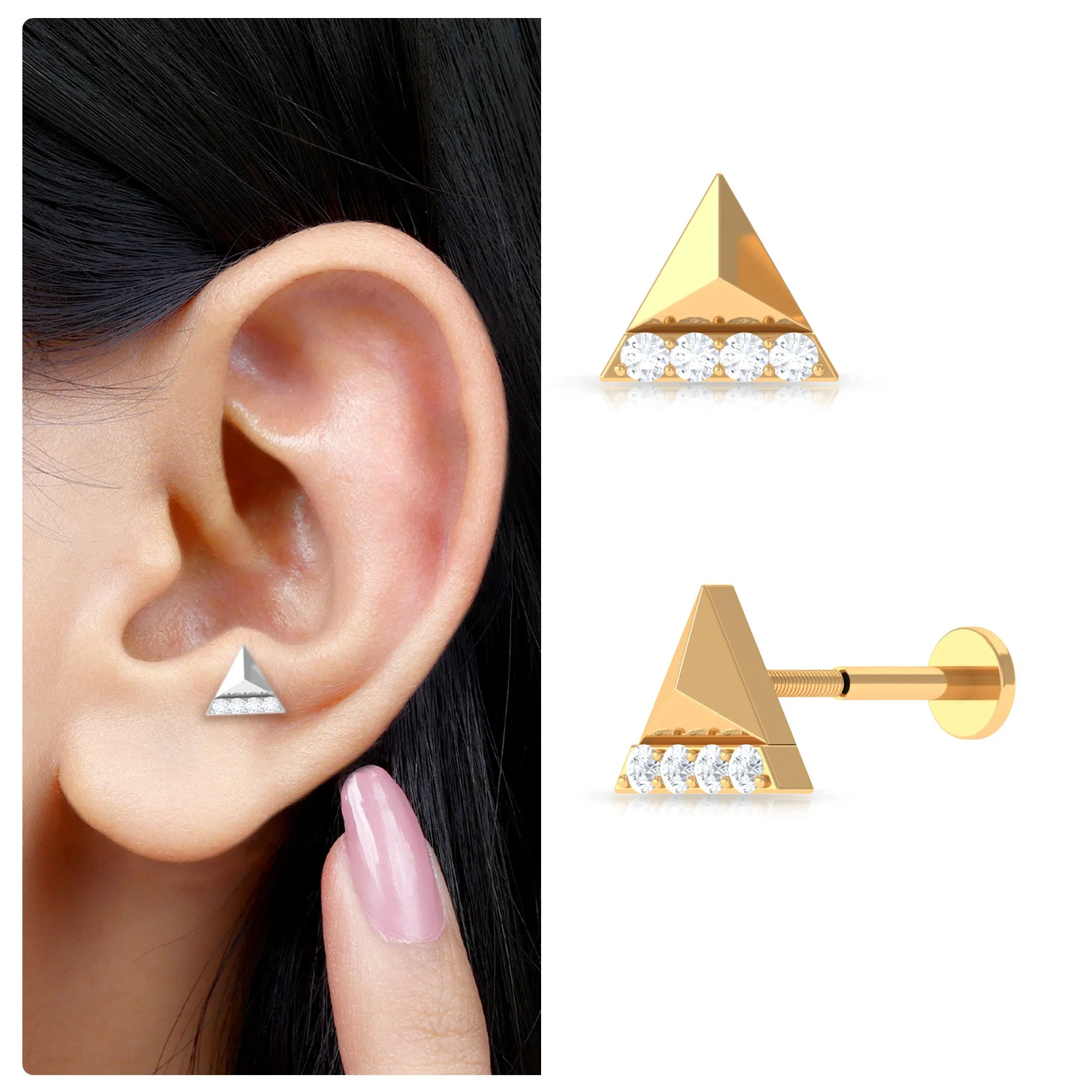Moissanite Gold Triangle Earring for Cartilage Piercing