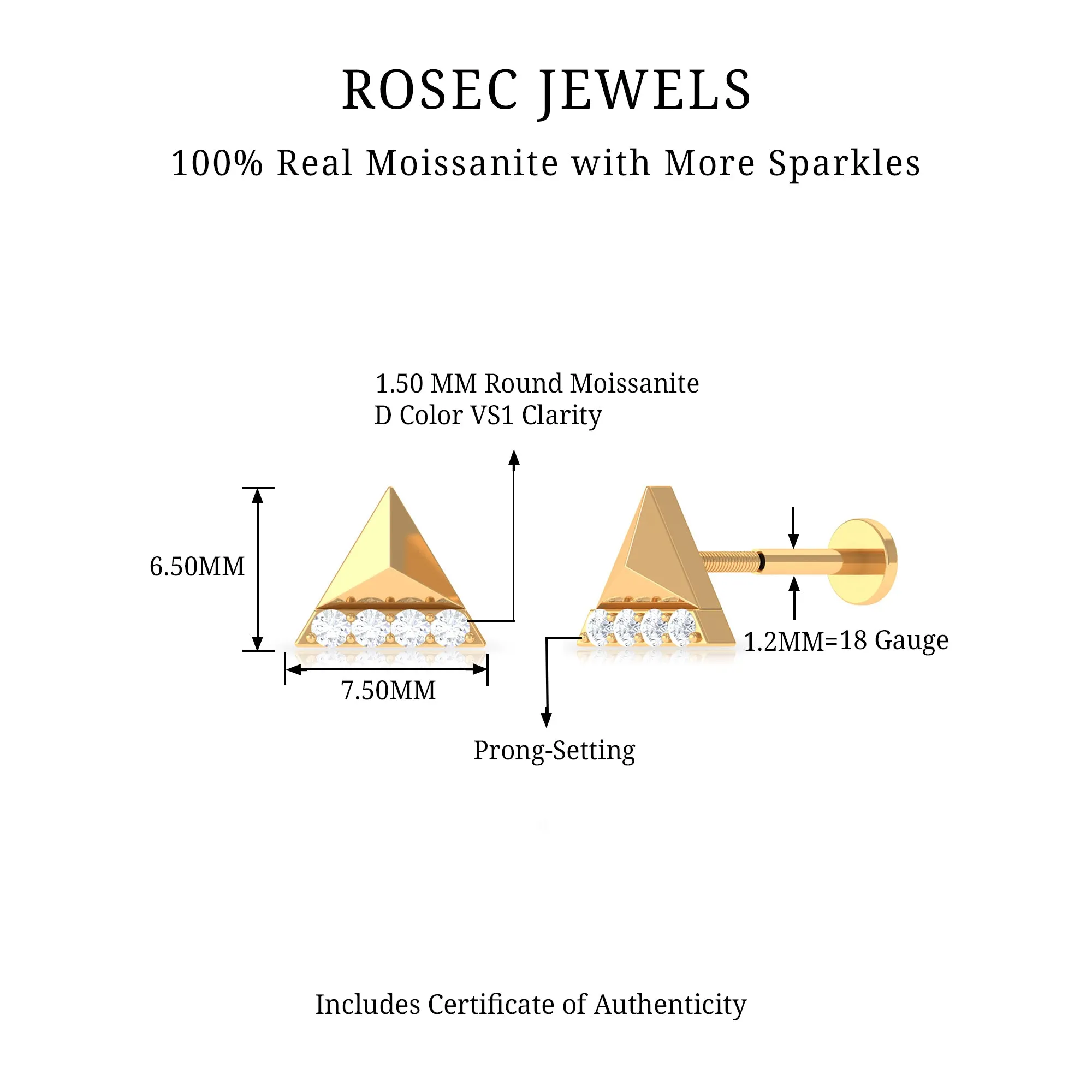 Moissanite Gold Triangle Earring for Cartilage Piercing