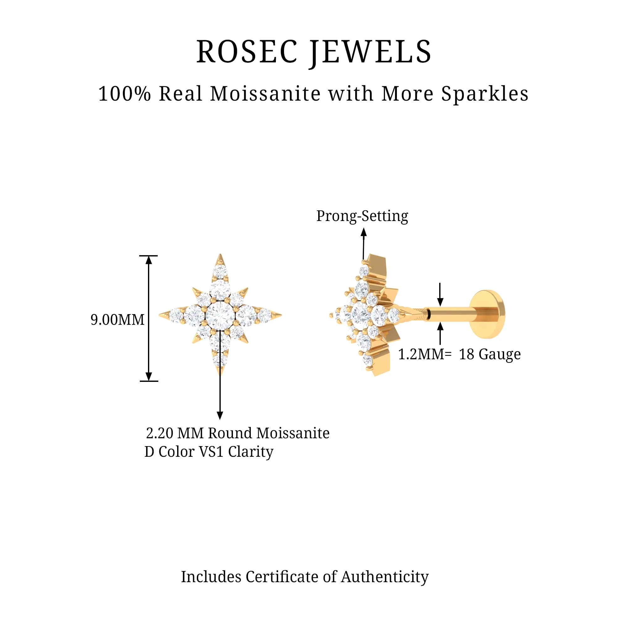 Moissanite Starburst Cartilage Earring in Gold