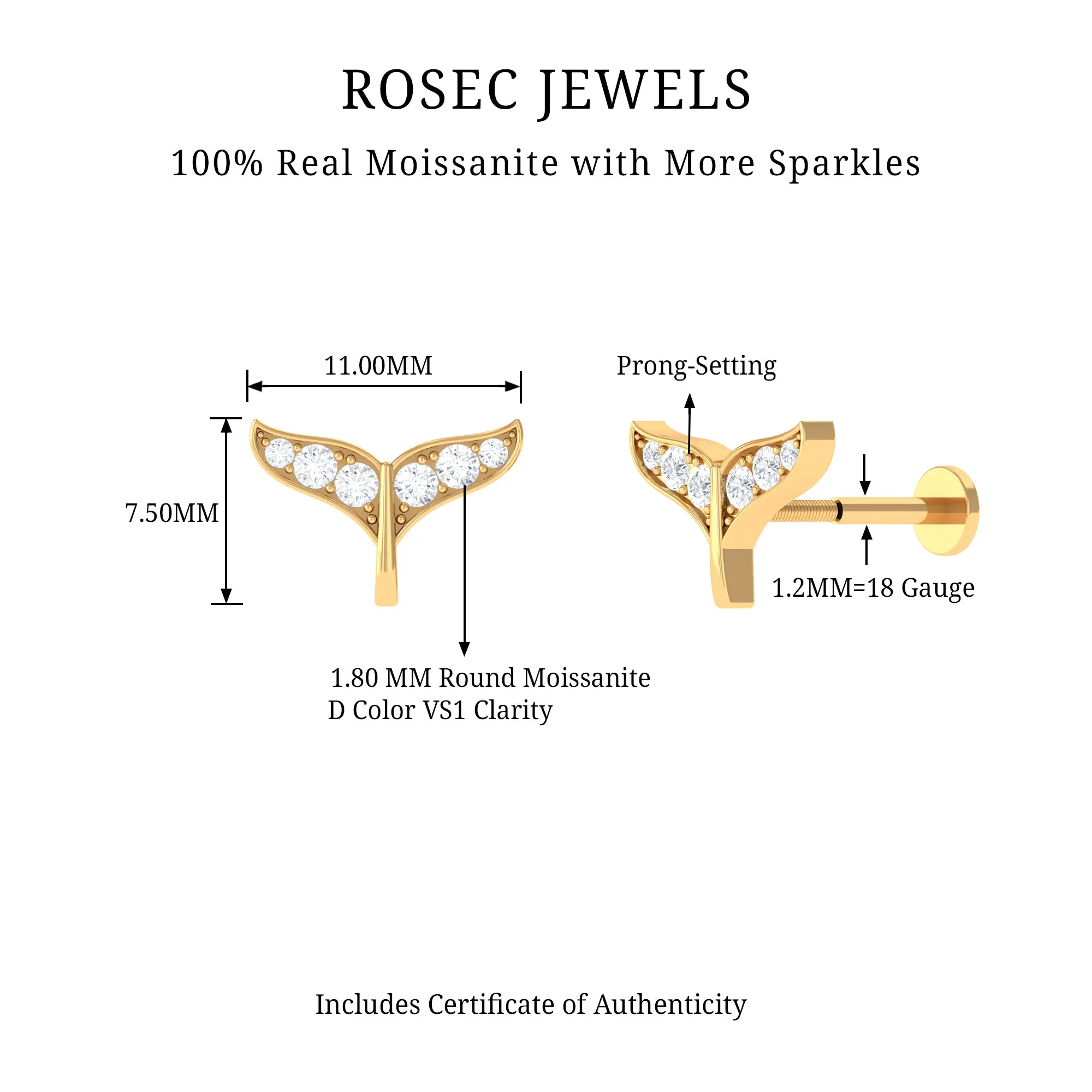 Moissanite Whale Tail Earring for Cartilage Piercing