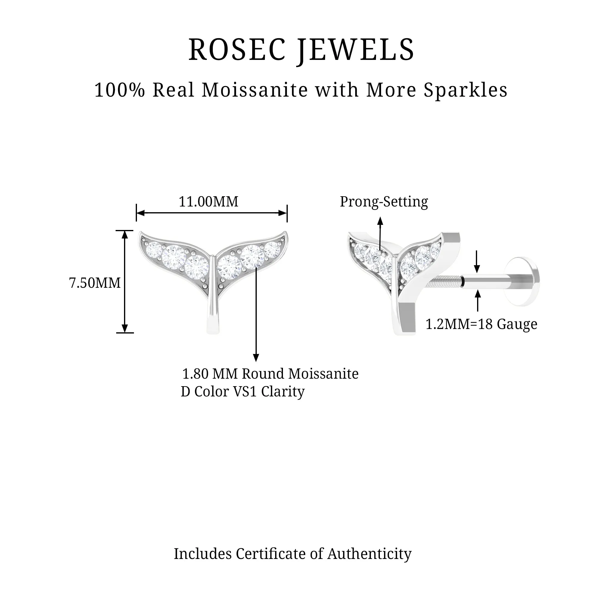 Moissanite Whale Tail Earring for Cartilage Piercing