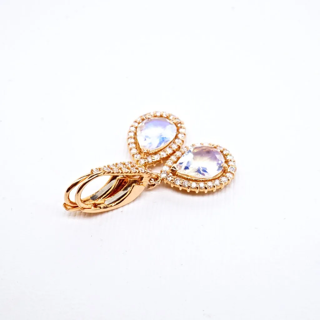 Moonstone and Diamond Halo Dangle Earrings - Pear Moonstone Diamond Earrings - Womens Moonstone Earrings