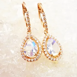 Moonstone and Diamond Halo Dangle Earrings - Pear Moonstone Diamond Earrings - Womens Moonstone Earrings