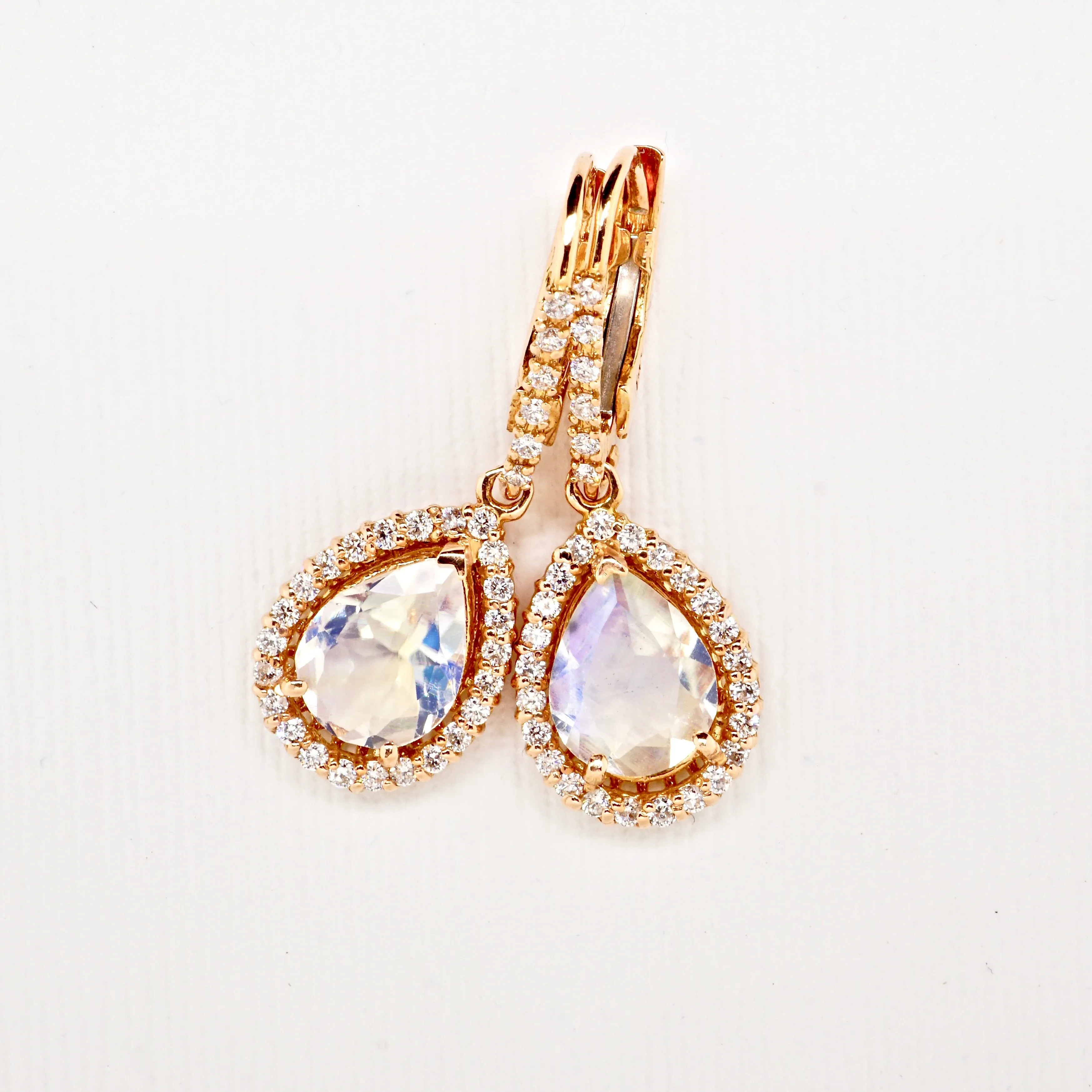 Moonstone and Diamond Halo Dangle Earrings - Pear Moonstone Diamond Earrings - Womens Moonstone Earrings