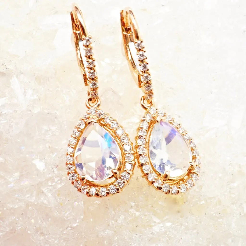 Moonstone and Diamond Halo Dangle Earrings - Pear Moonstone Diamond Earrings - Womens Moonstone Earrings