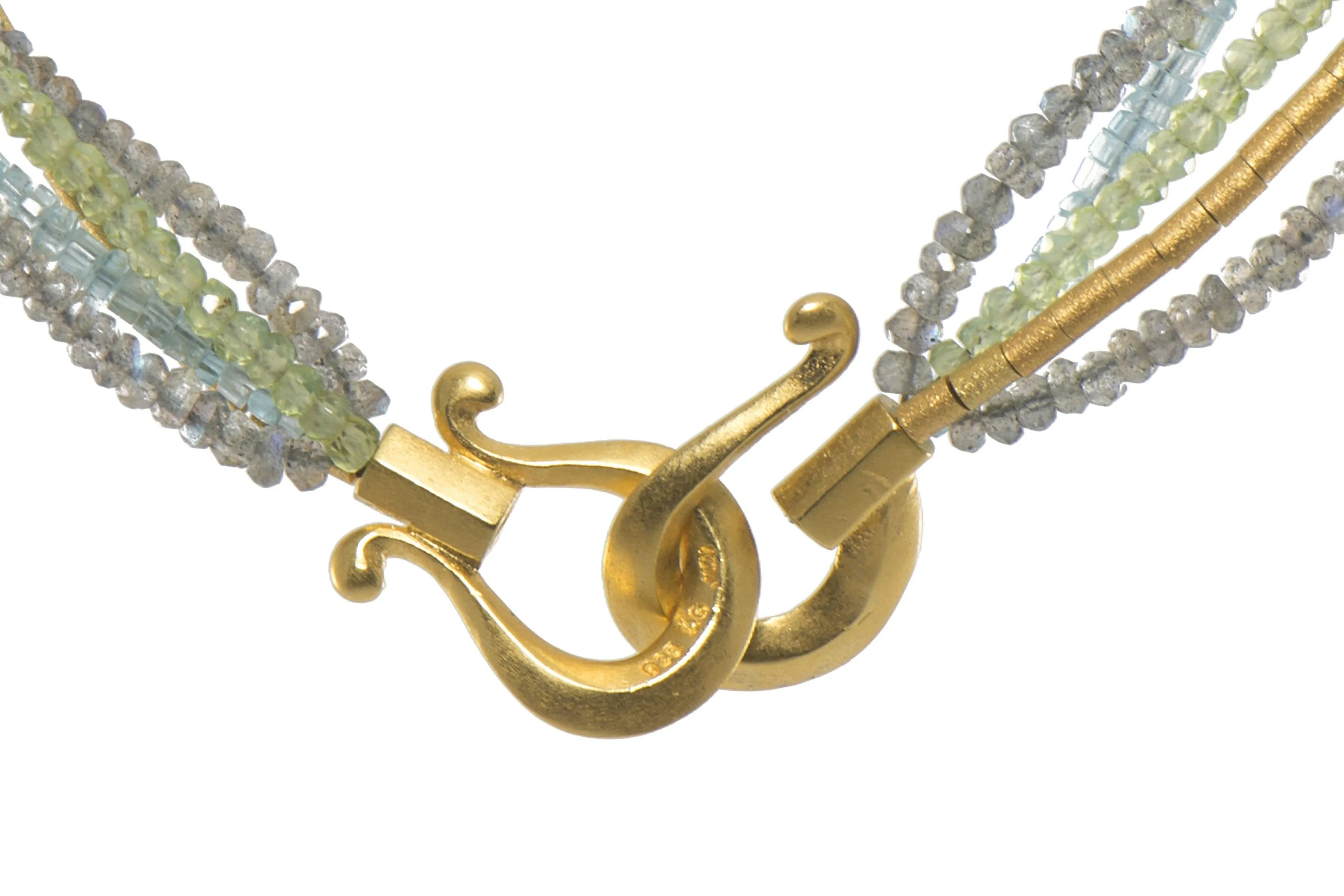 Multi Strand Labradorite, Peridot, Apatite and Gold Tube Necklace 24K Fair Trade Gold Vermeil