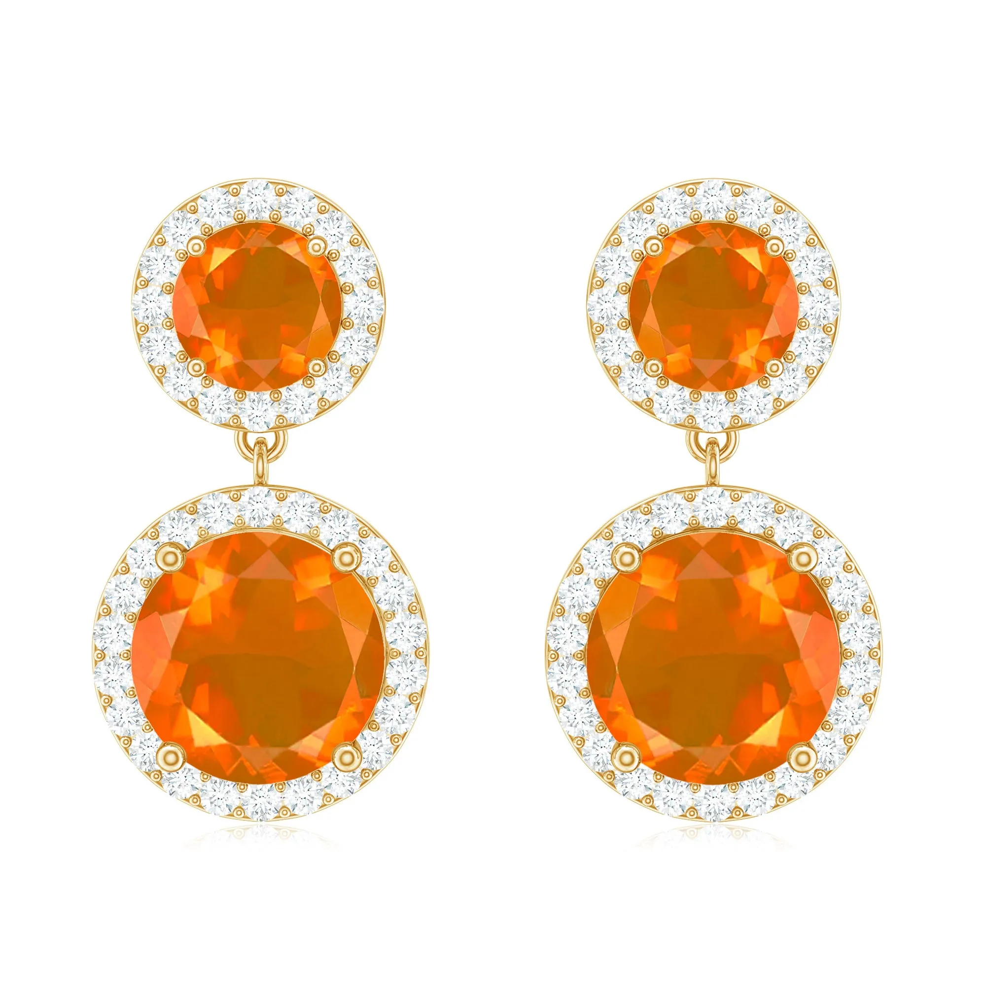 Natural Fire Opal and Diamond Halo Dangle Earrings