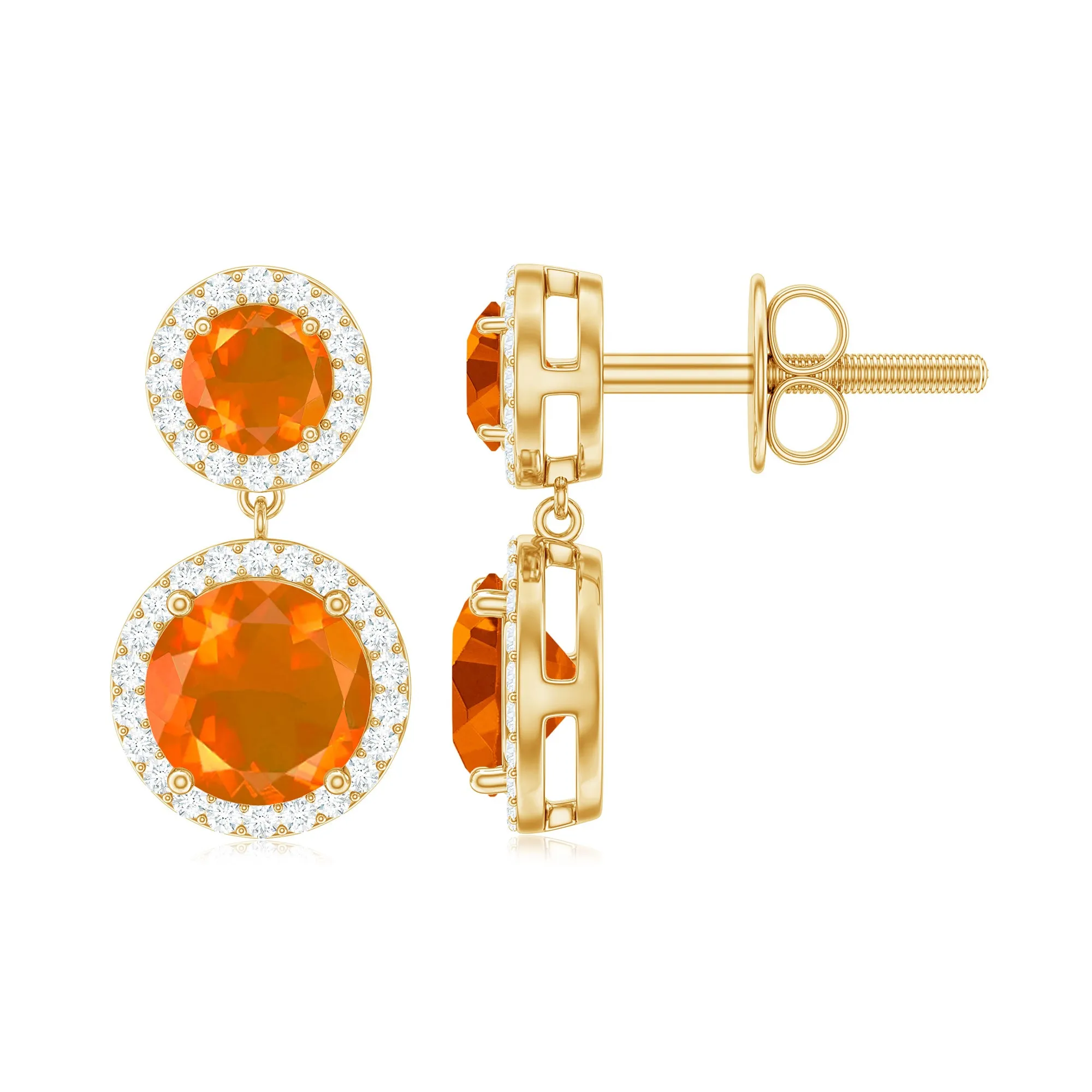 Natural Fire Opal and Diamond Halo Dangle Earrings