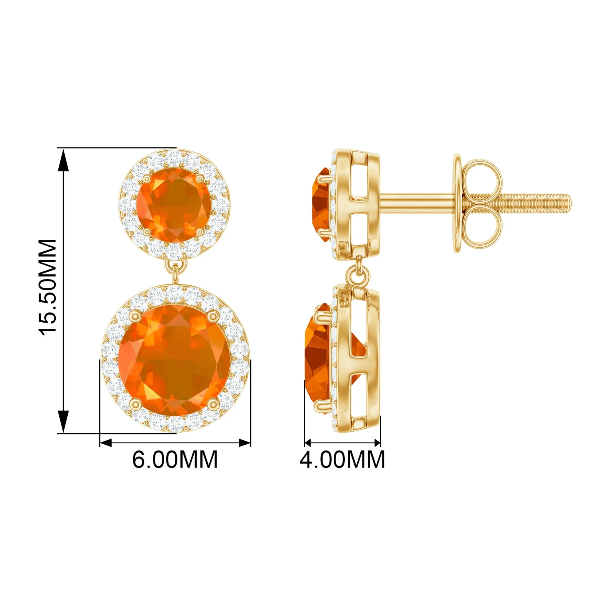 Natural Fire Opal and Diamond Halo Dangle Earrings