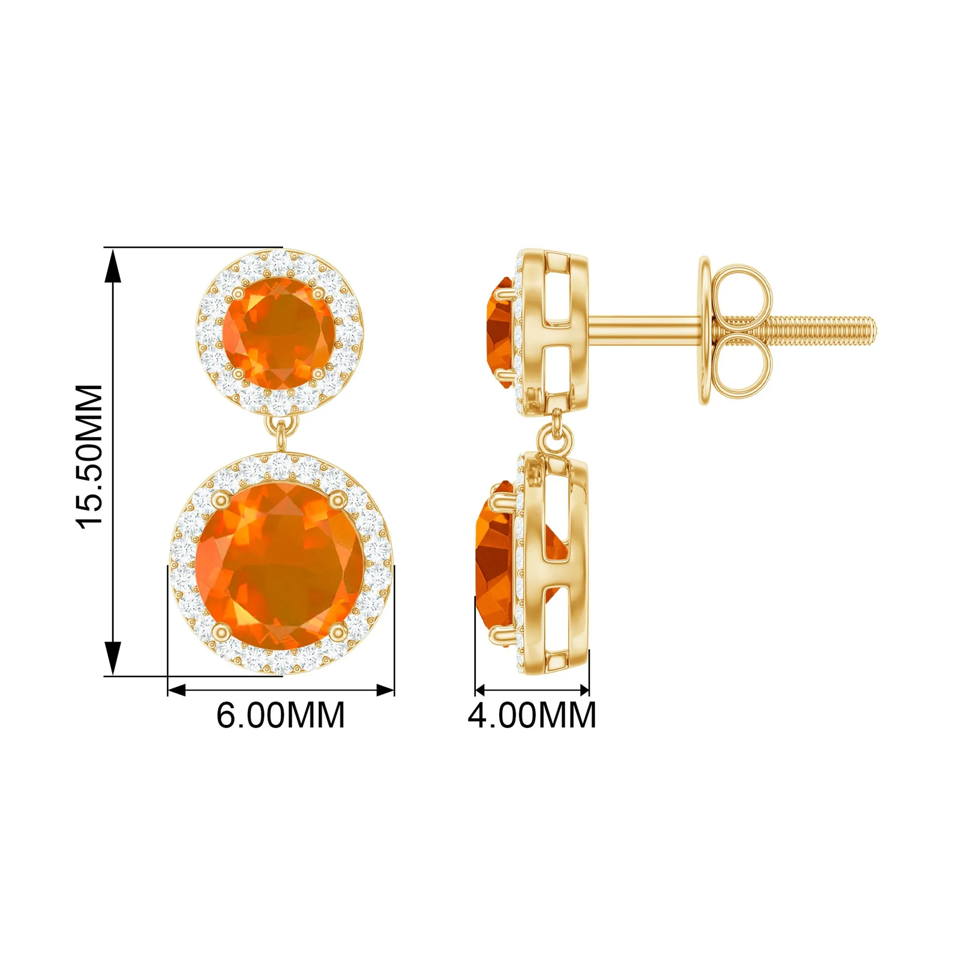 Natural Fire Opal and Diamond Halo Dangle Earrings