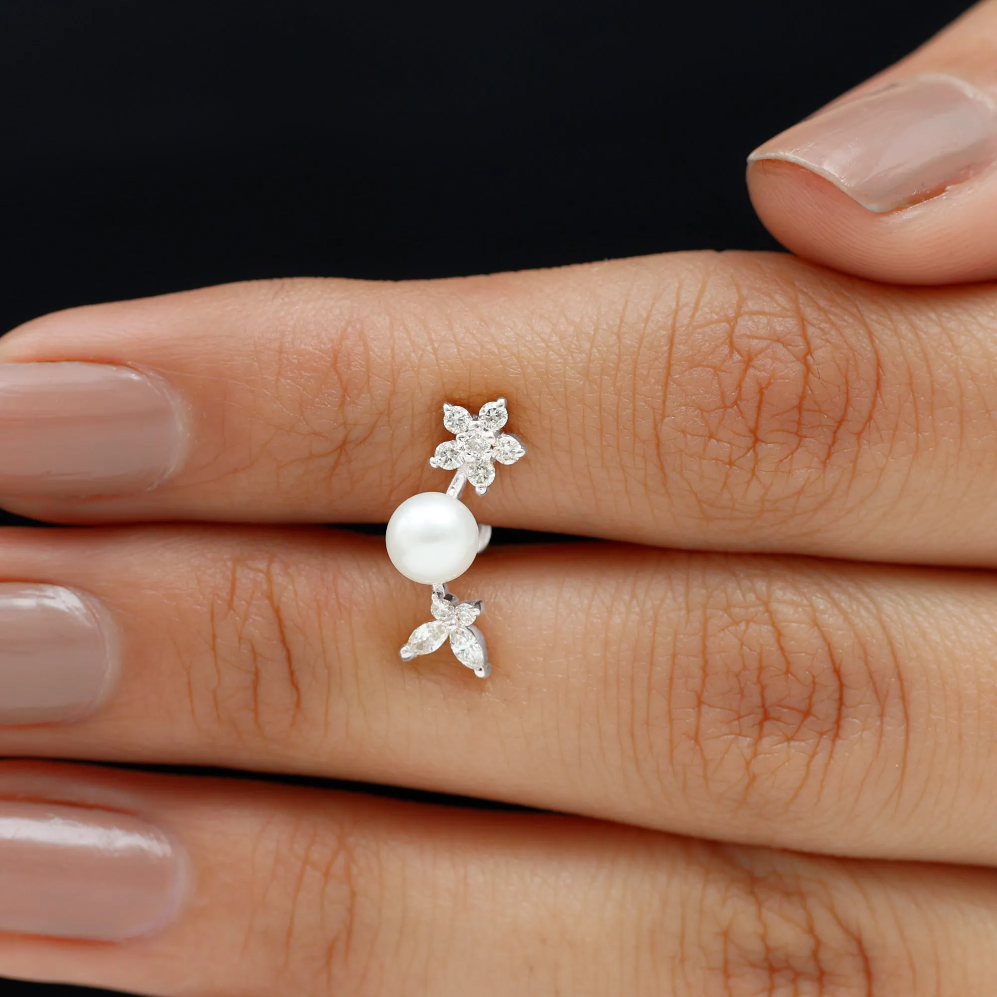Nature Inspired Freshwater Pearl and Moissanite Crawler Earring