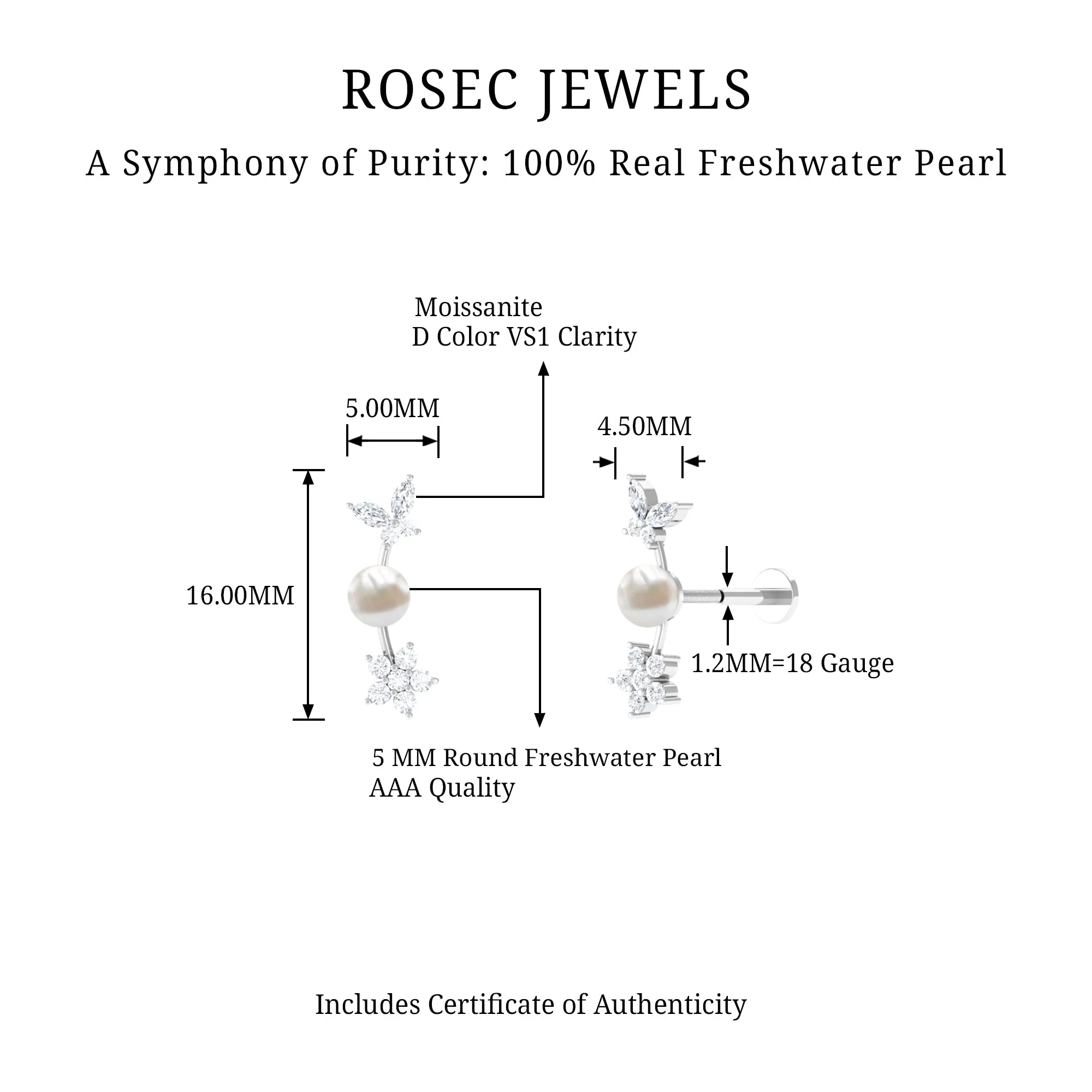 Nature Inspired Freshwater Pearl and Moissanite Crawler Earring