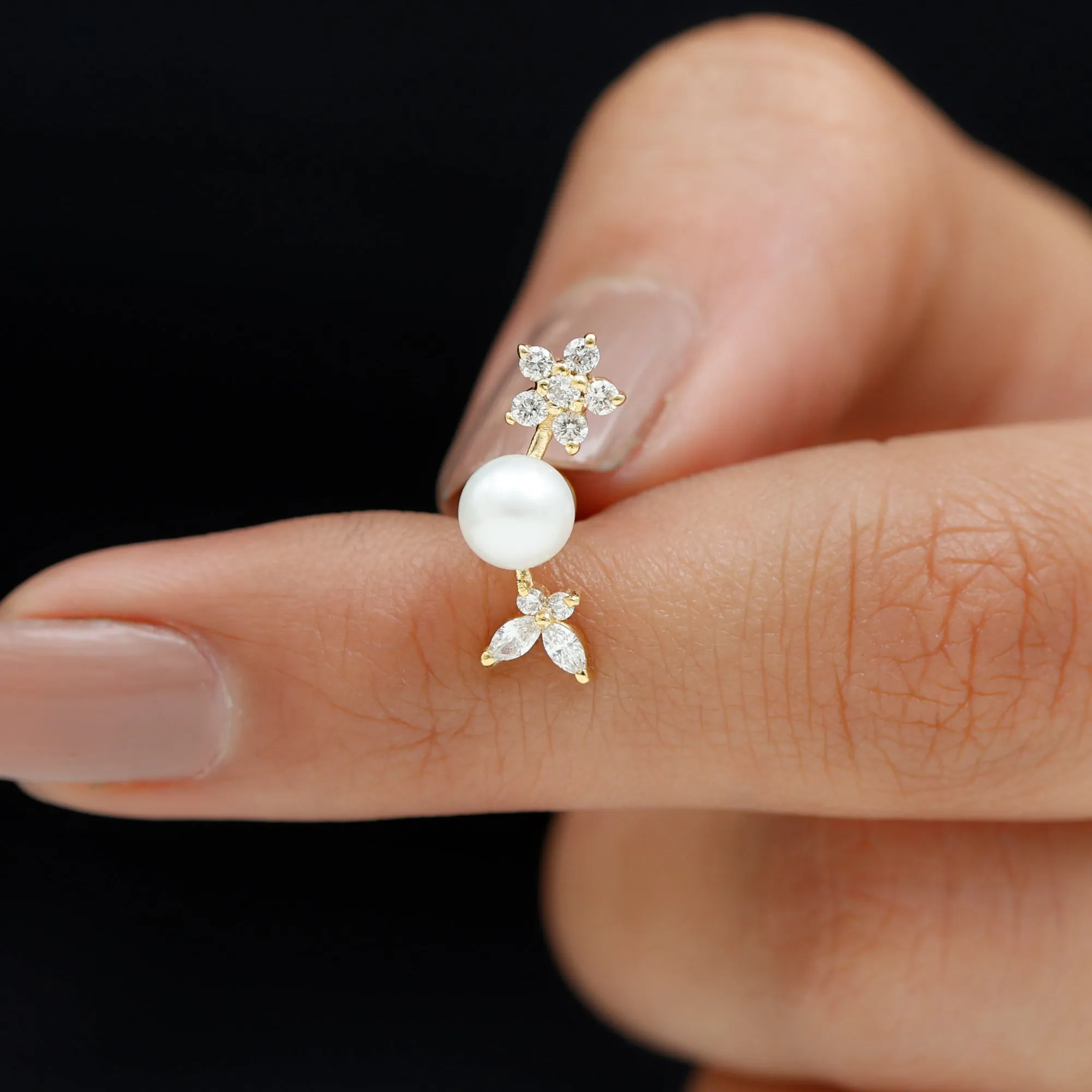 Nature Inspired Freshwater Pearl and Moissanite Crawler Earring