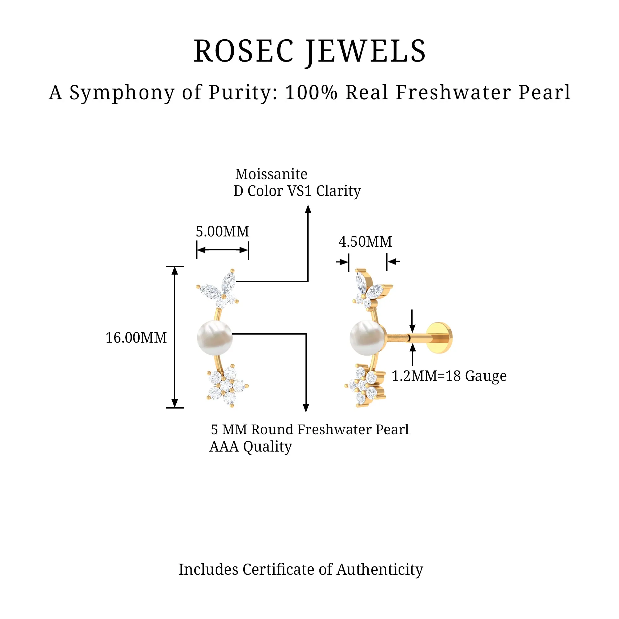 Nature Inspired Freshwater Pearl and Moissanite Crawler Earring