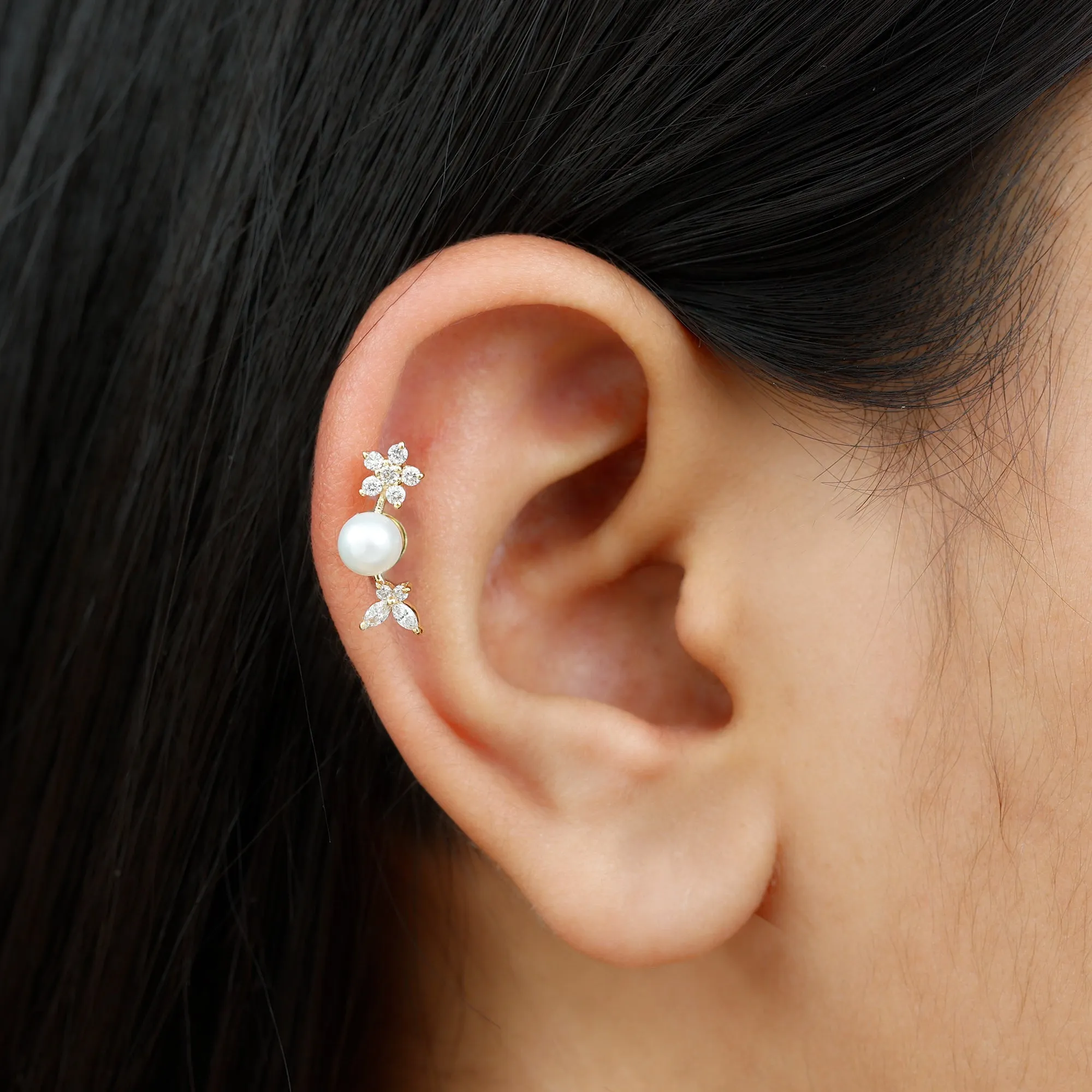Nature Inspired Freshwater Pearl and Moissanite Crawler Earring