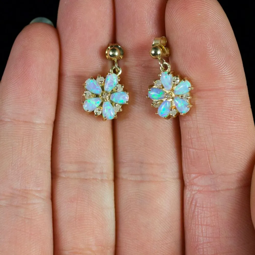 Opal And Diamond Flower Earrings 9Ct Gold