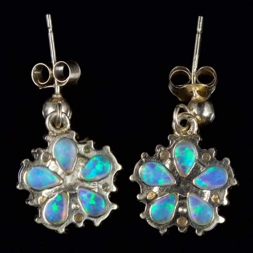 Opal And Diamond Flower Earrings 9Ct Gold