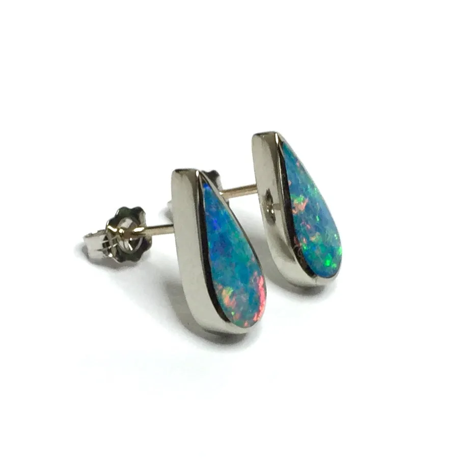 Opal Earrings Tear Drop Inlaid Design Studs