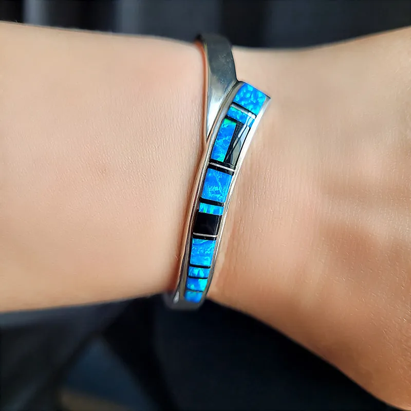 Opal, Jet, and Sterling Silver Bracelet