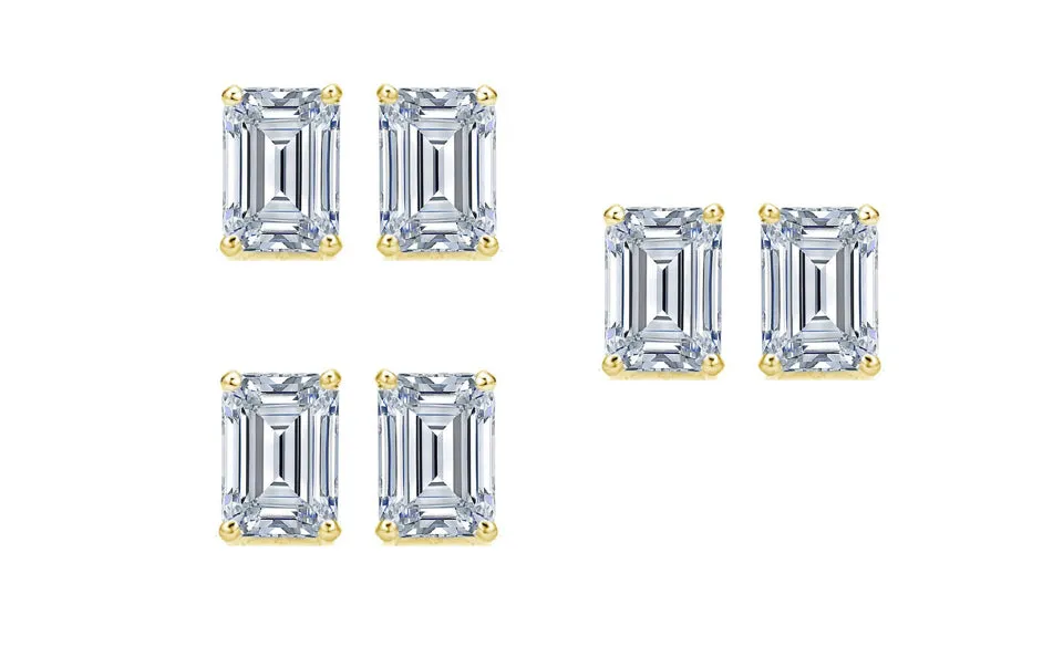 Paris jewelry 14k Yellow Gold 4mm 4Ct Emerald Cut White Sapphire Set Of Three Stud Earrings Plated