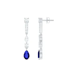 Pear Cut Created Blue Sapphire and Moissanite Long Dangle Earrings
