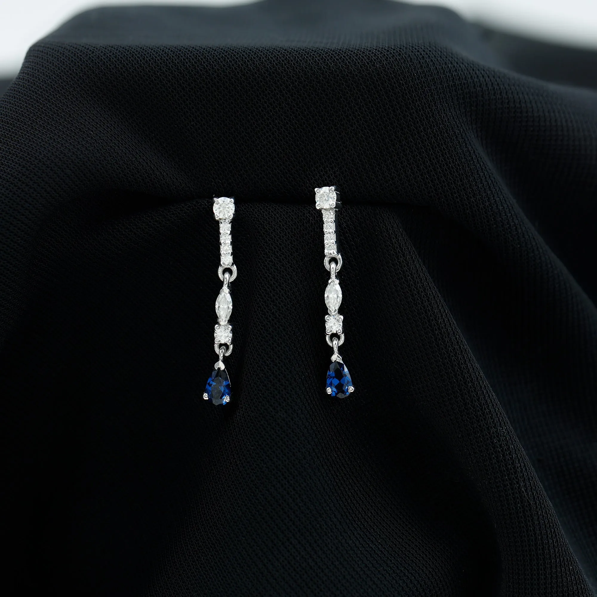 Pear Cut Created Blue Sapphire and Moissanite Long Dangle Earrings