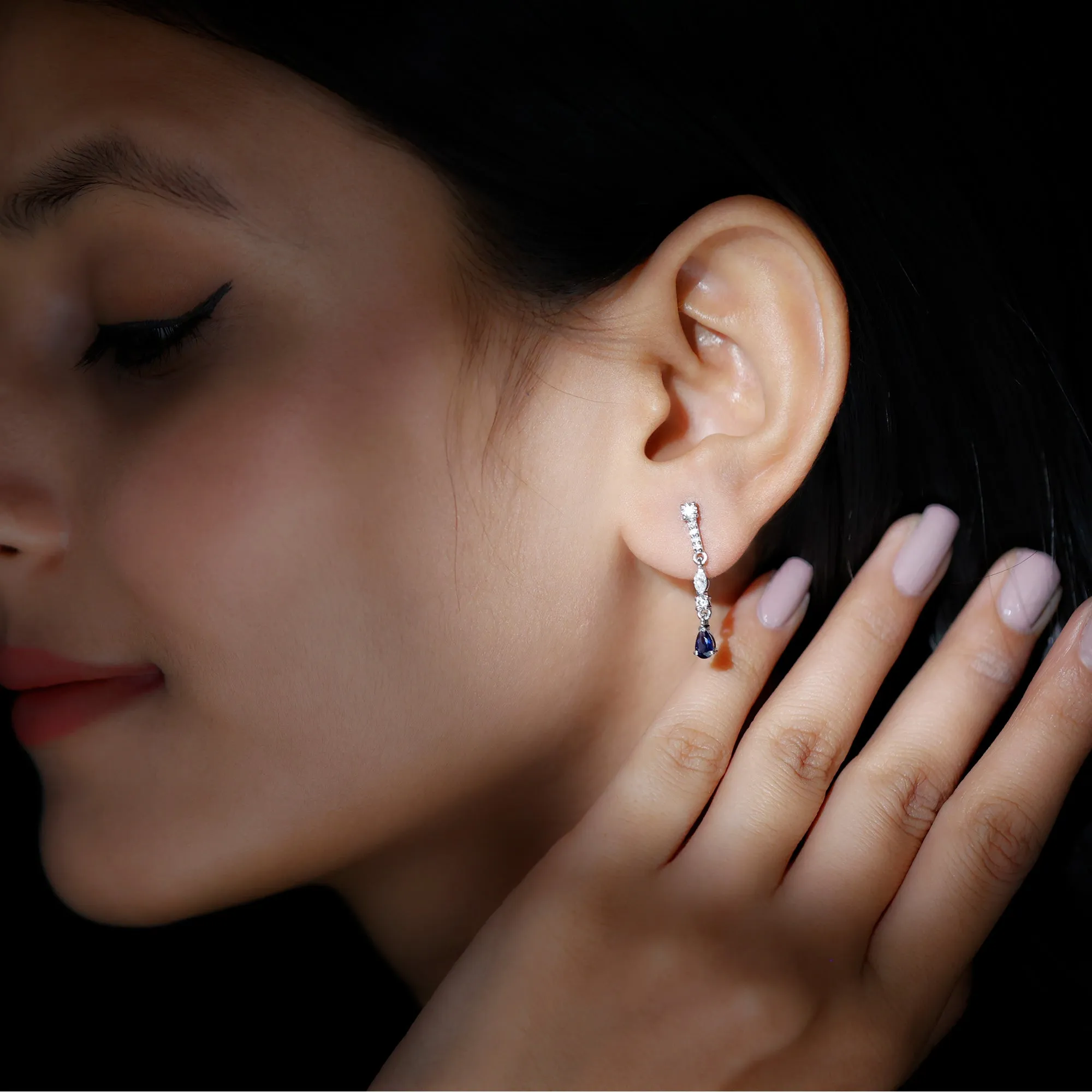 Pear Cut Created Blue Sapphire and Moissanite Long Dangle Earrings