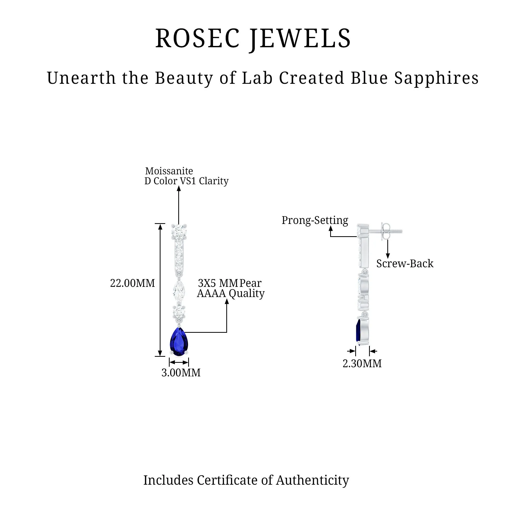 Pear Cut Created Blue Sapphire and Moissanite Long Dangle Earrings