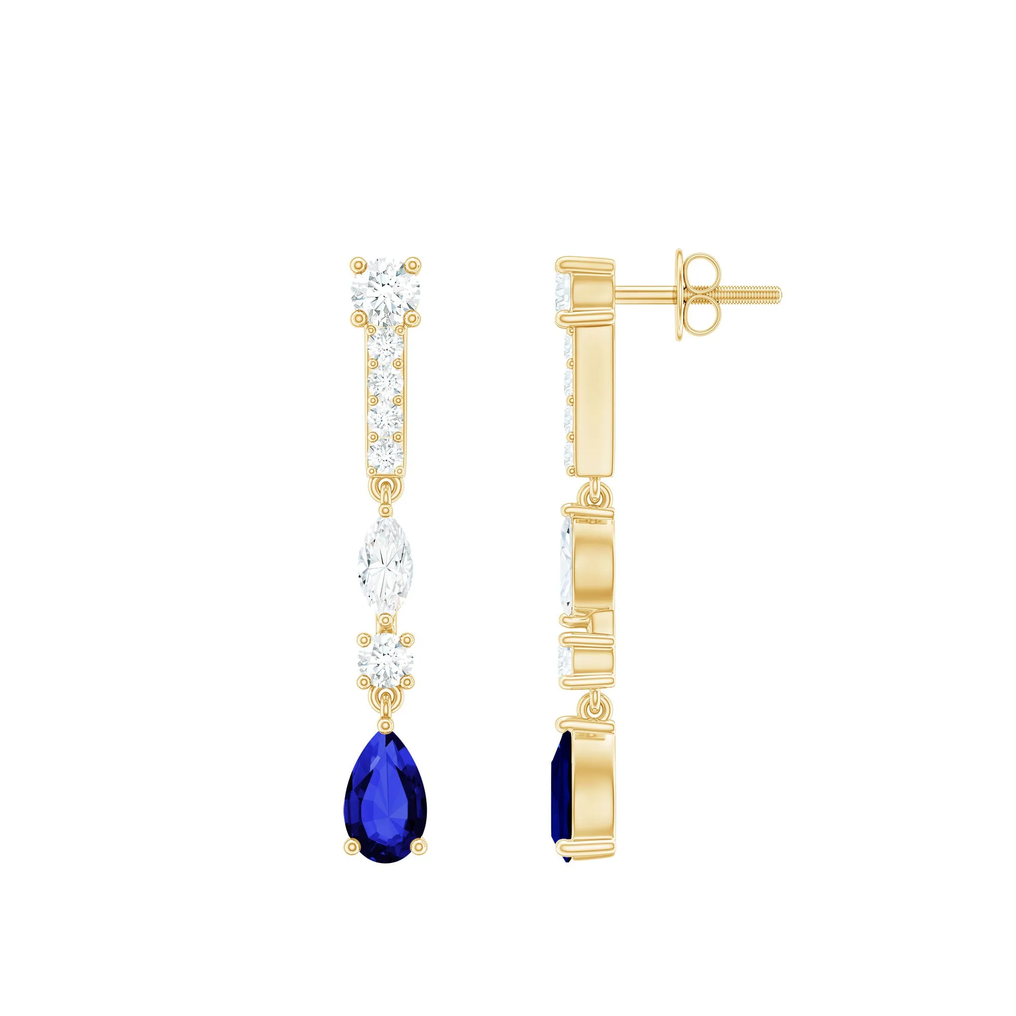 Pear Cut Created Blue Sapphire and Moissanite Long Dangle Earrings