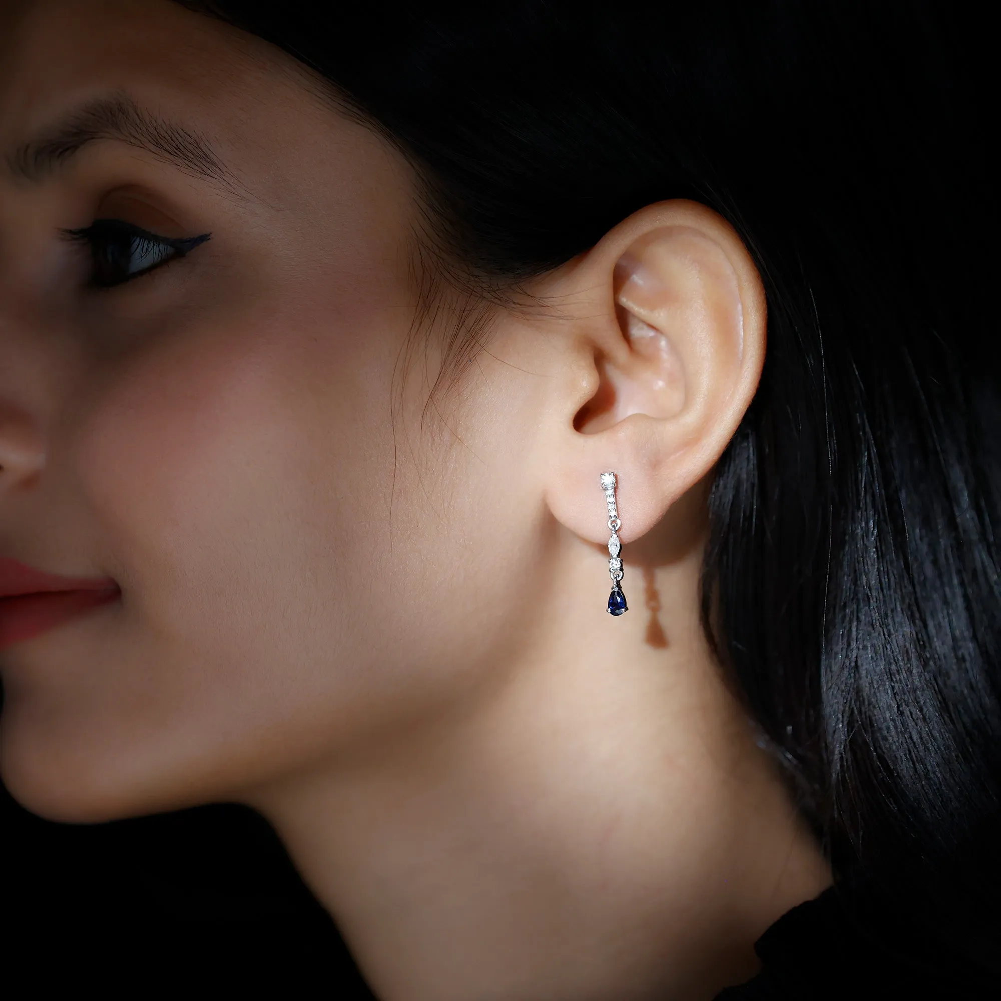 Pear Cut Created Blue Sapphire and Moissanite Long Dangle Earrings