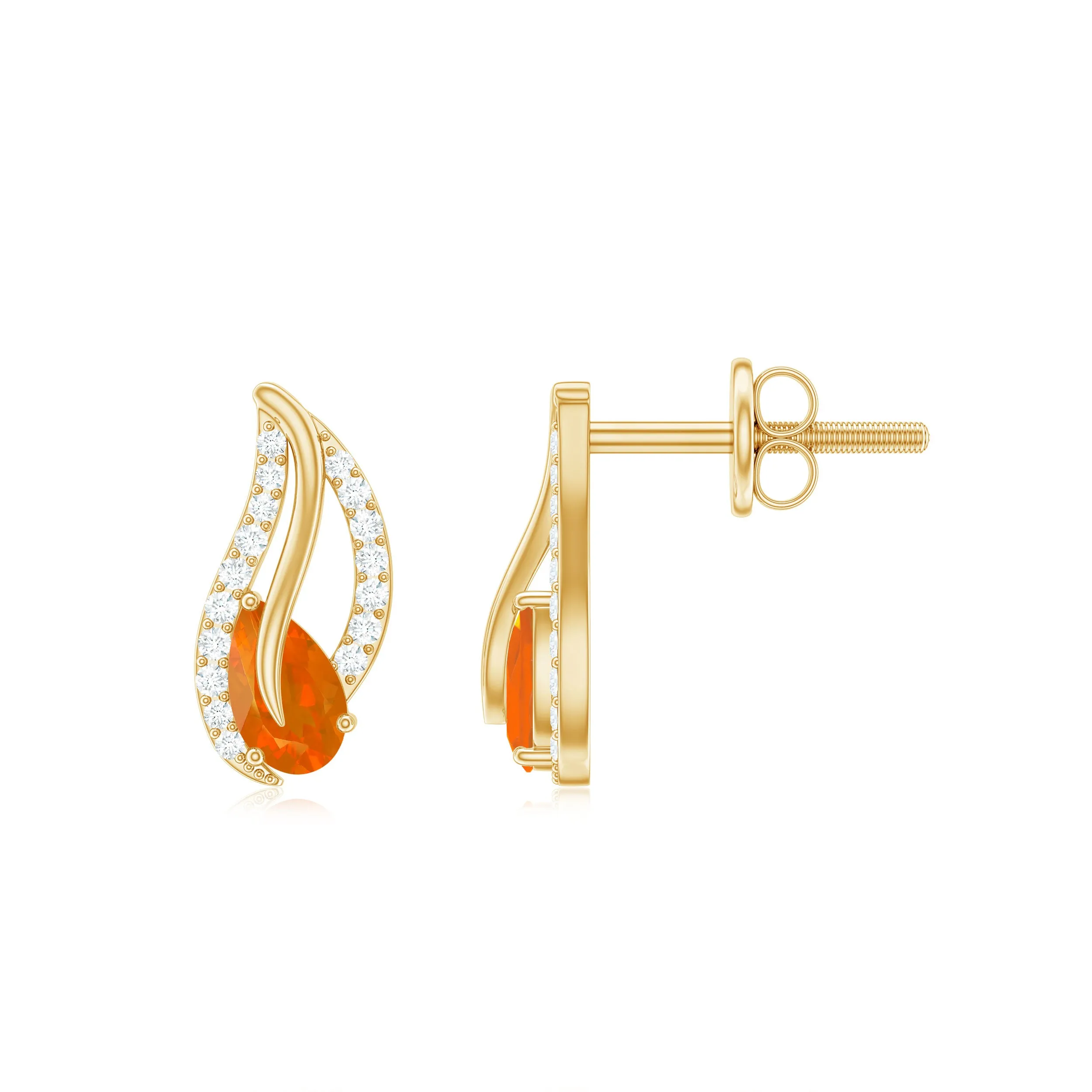 Pear Shape Fire Opal and Diamond Leaf Stud Earrings