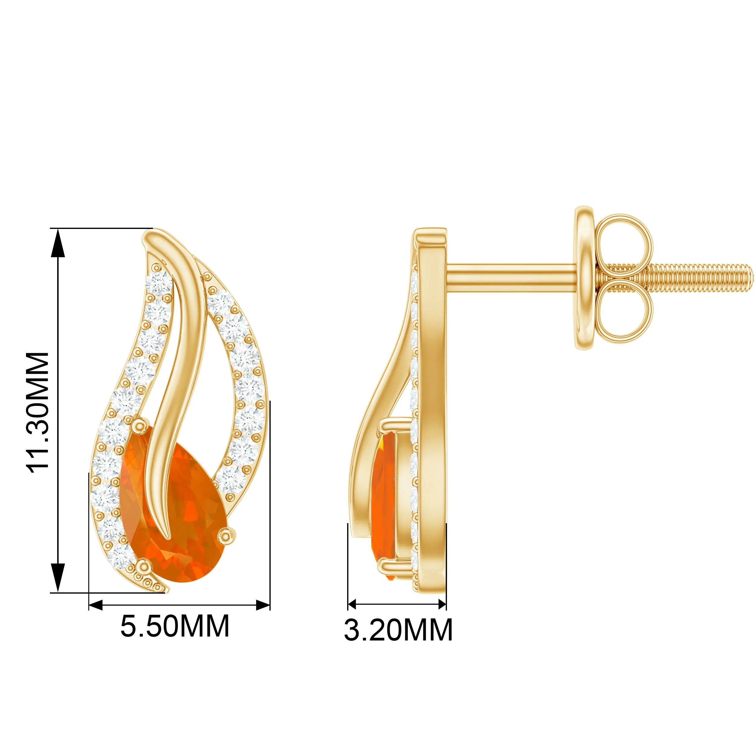 Pear Shape Fire Opal and Diamond Leaf Stud Earrings