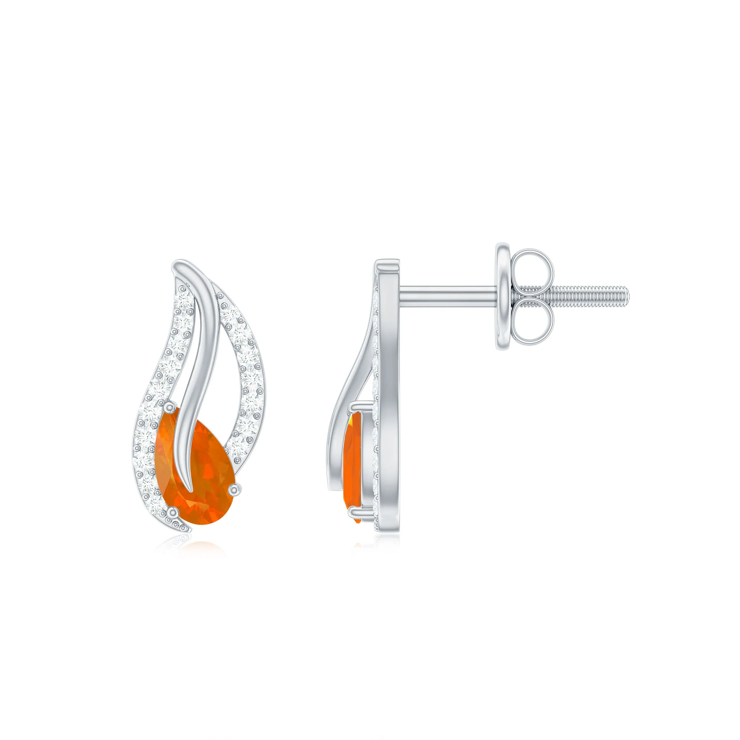 Pear Shape Fire Opal and Diamond Leaf Stud Earrings
