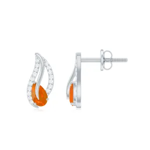 Pear Shape Fire Opal and Diamond Leaf Stud Earrings