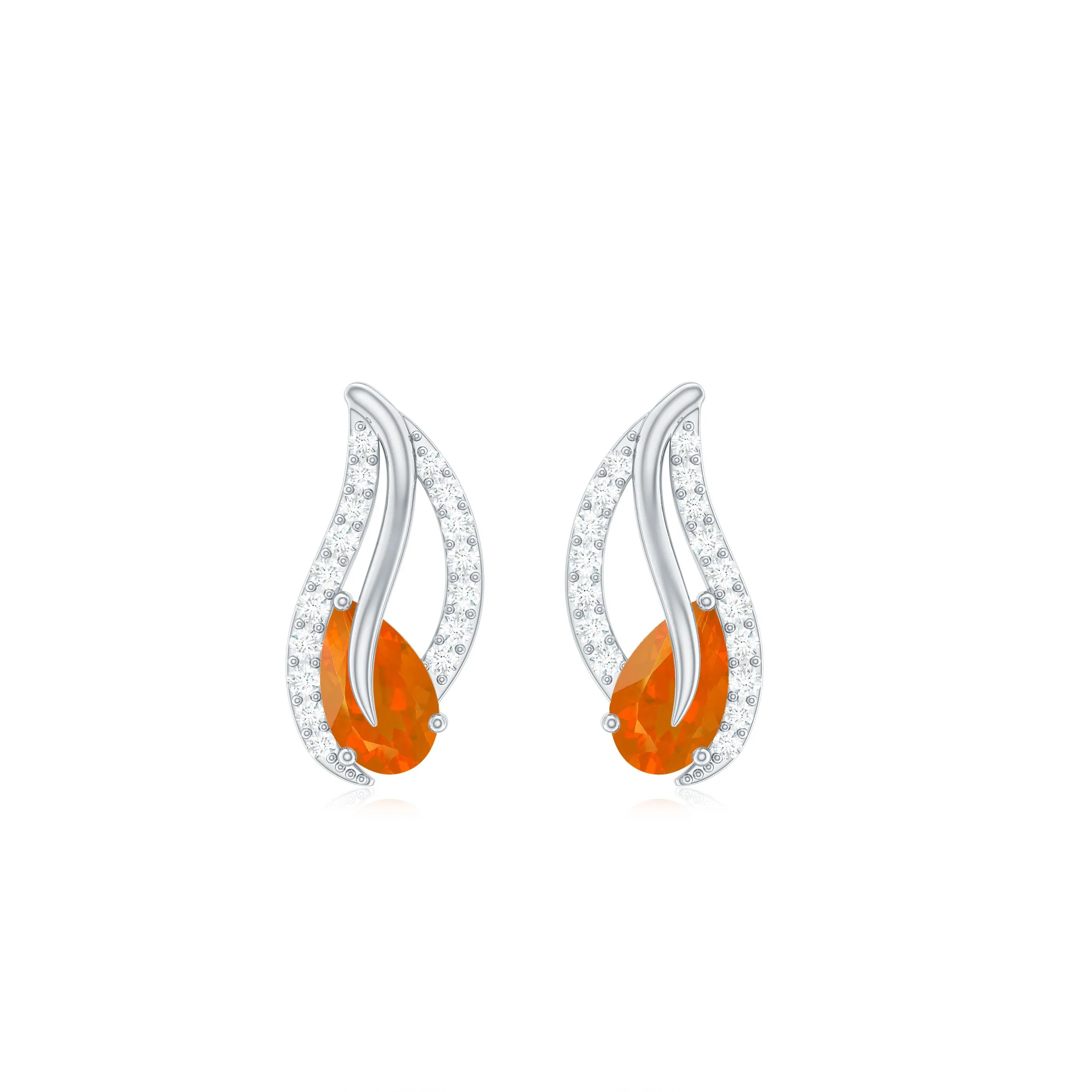 Pear Shape Fire Opal and Diamond Leaf Stud Earrings