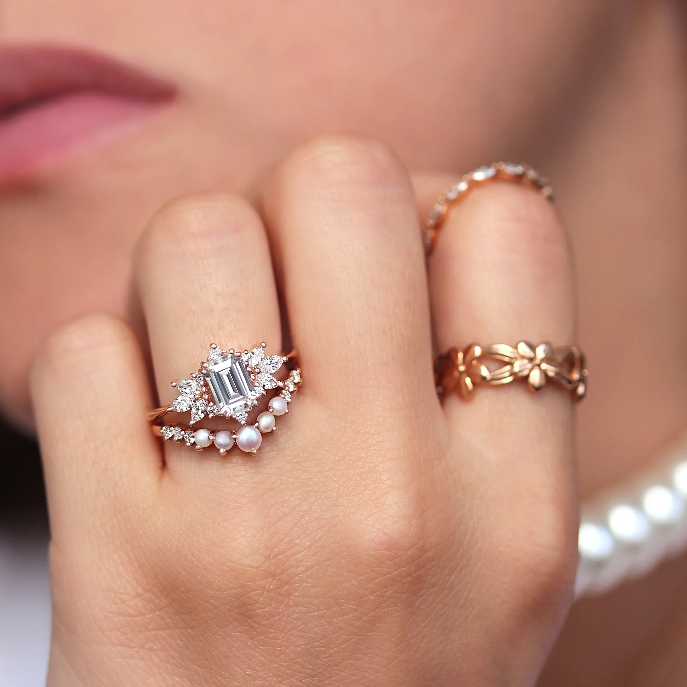 Pearls and Diamonds Dainty V-Ring